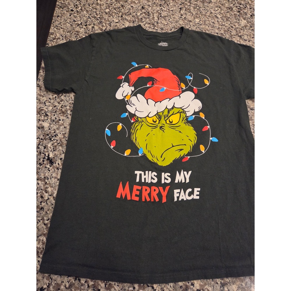 The Grinch Graphic T-Shirt Mens Medium Dark Green Merry Face Christmas Lights